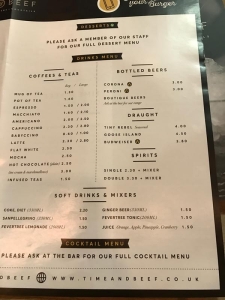 time and beef cardiff drinks menu