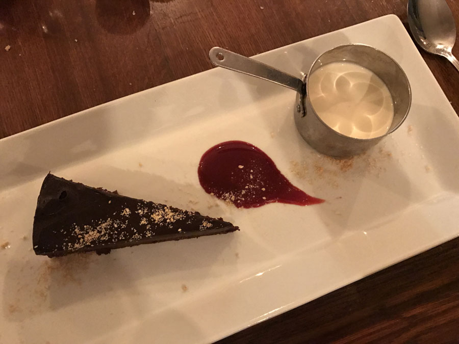 chocolate torte with raspberry coulis at Pot Bistro in Cardiff