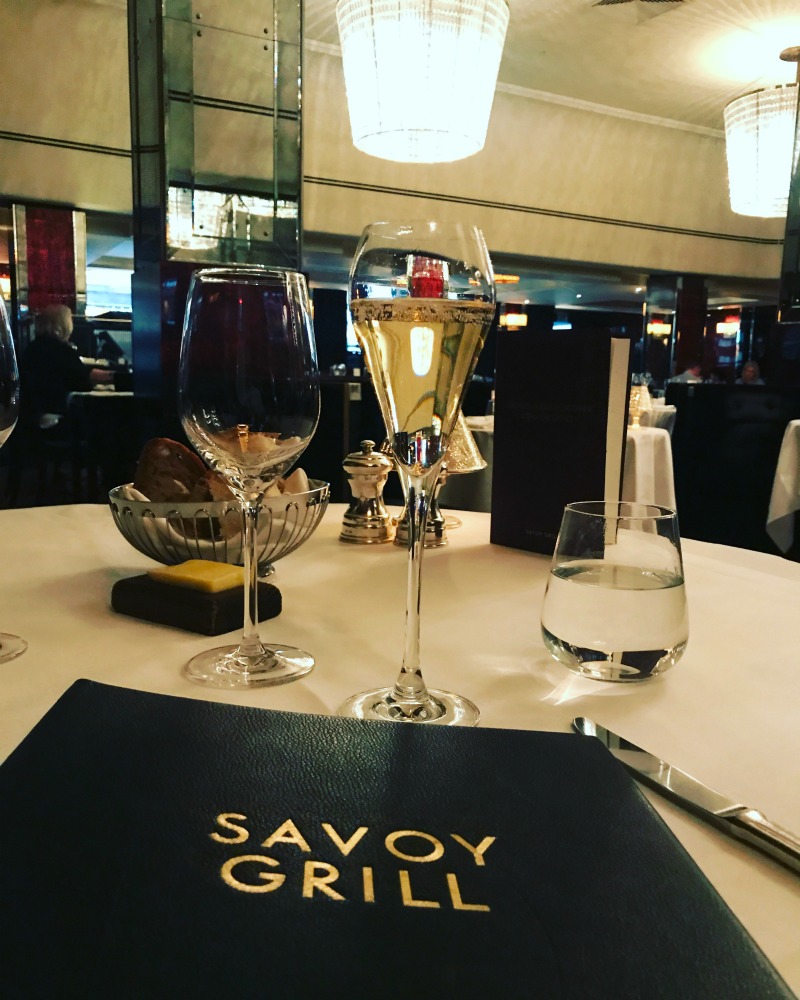 Champagne and menu at Savoy Grill Restaurant