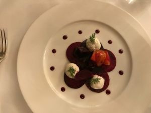 Goats curd and beetroot starter at Savoy Grill Restaurant