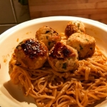 thai turkey and bacon meatballs with peanut butter sriracha noodles