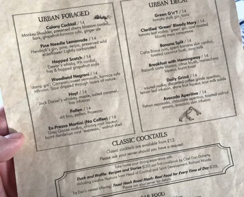 cocktail menu at duck and waffle