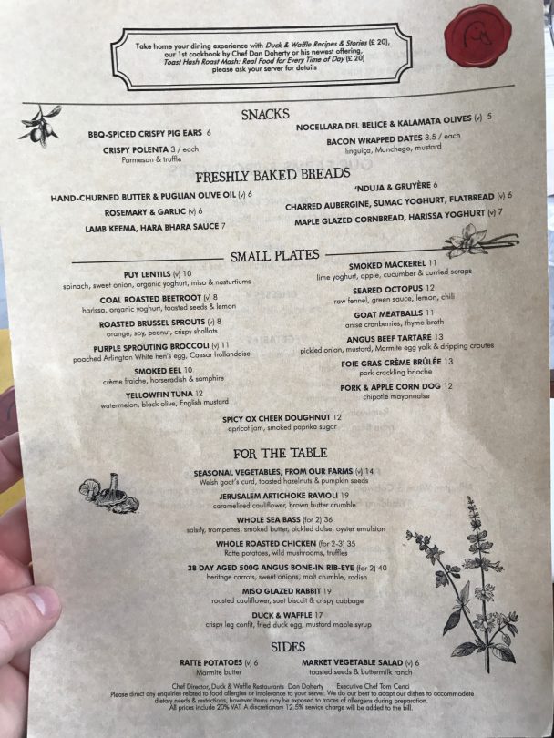 Day menu at Duck and Waffle