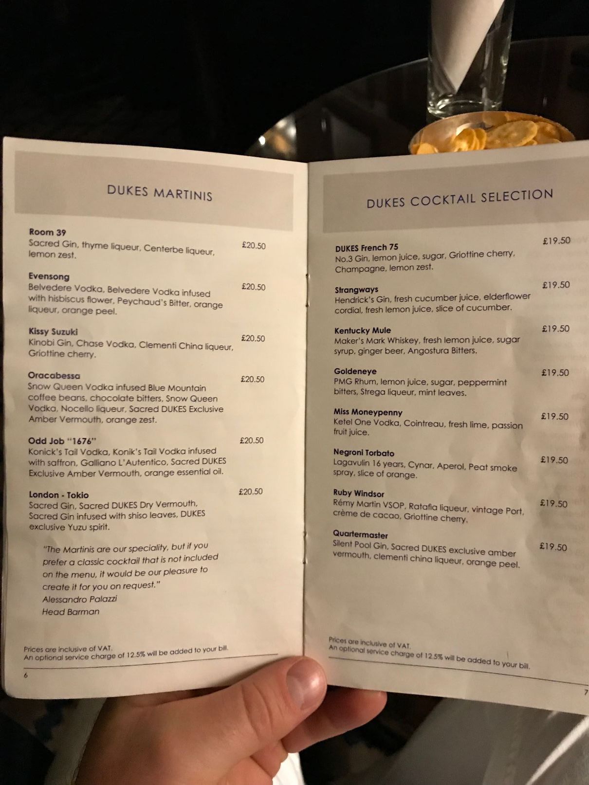 Cocktail and martini menu at Dukes Bar London