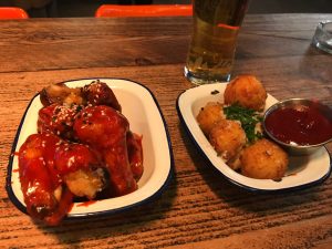 Hot wings and mac n cheese bites at Beefy Boys