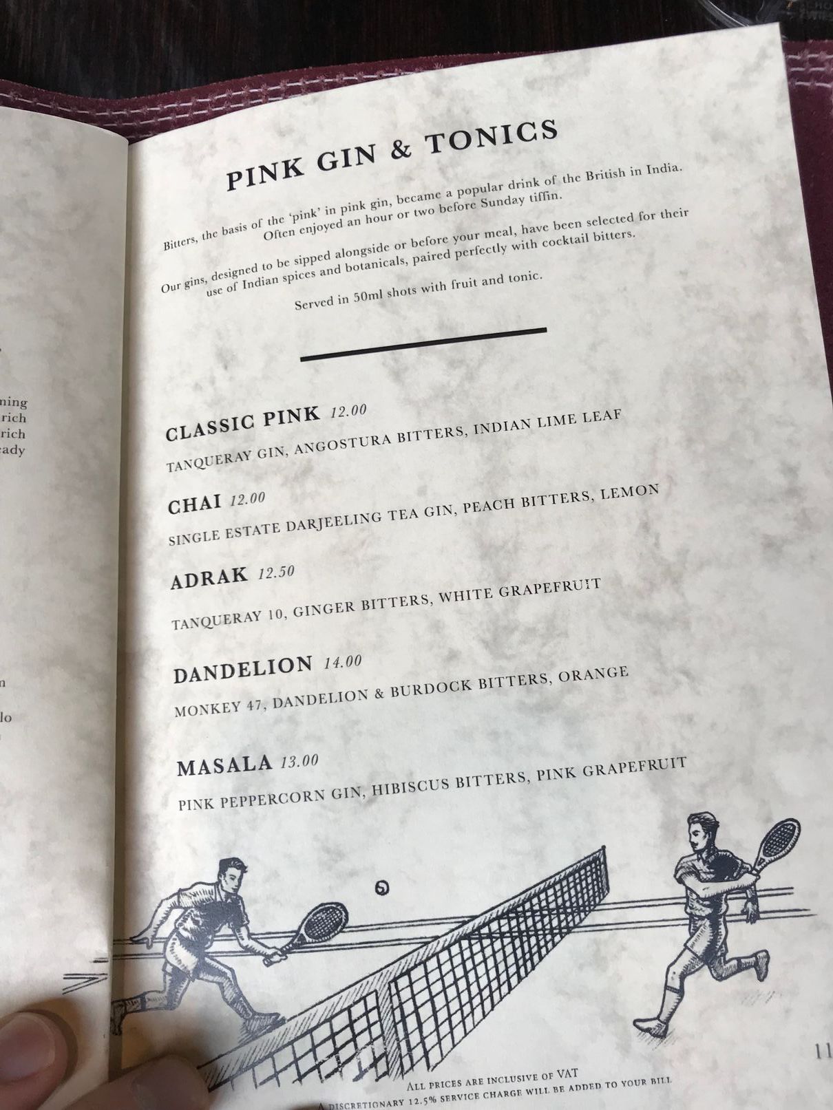Pink Gin menu at Gymkhana London