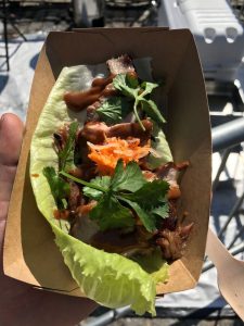Char siu barbecue pork lettuce wraps with Tabasco Chipotle sauce and pickled vegetables from SHIBUI at Meatopia